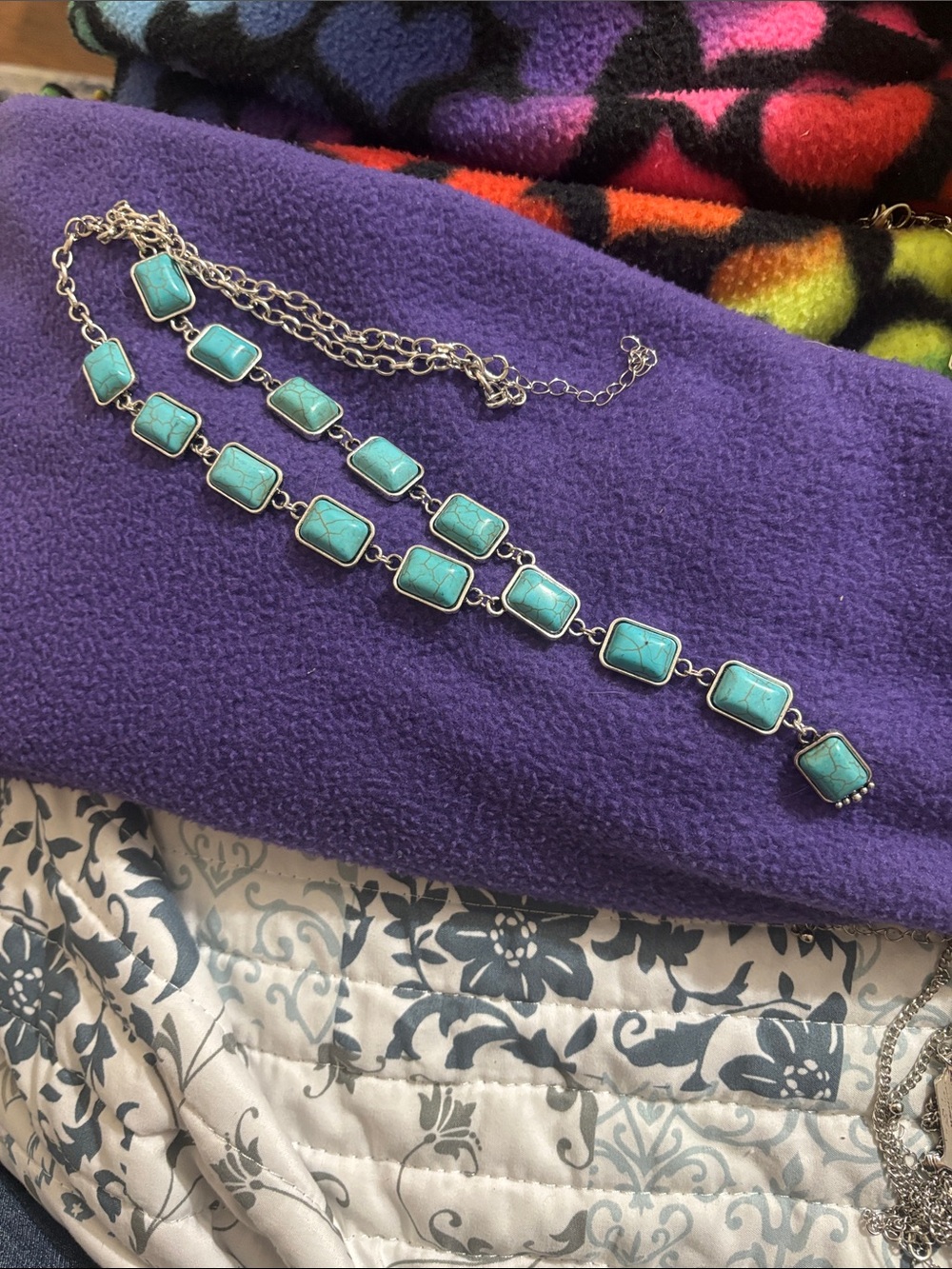 Turquoise Stone Link Necklace - Silver-Tone